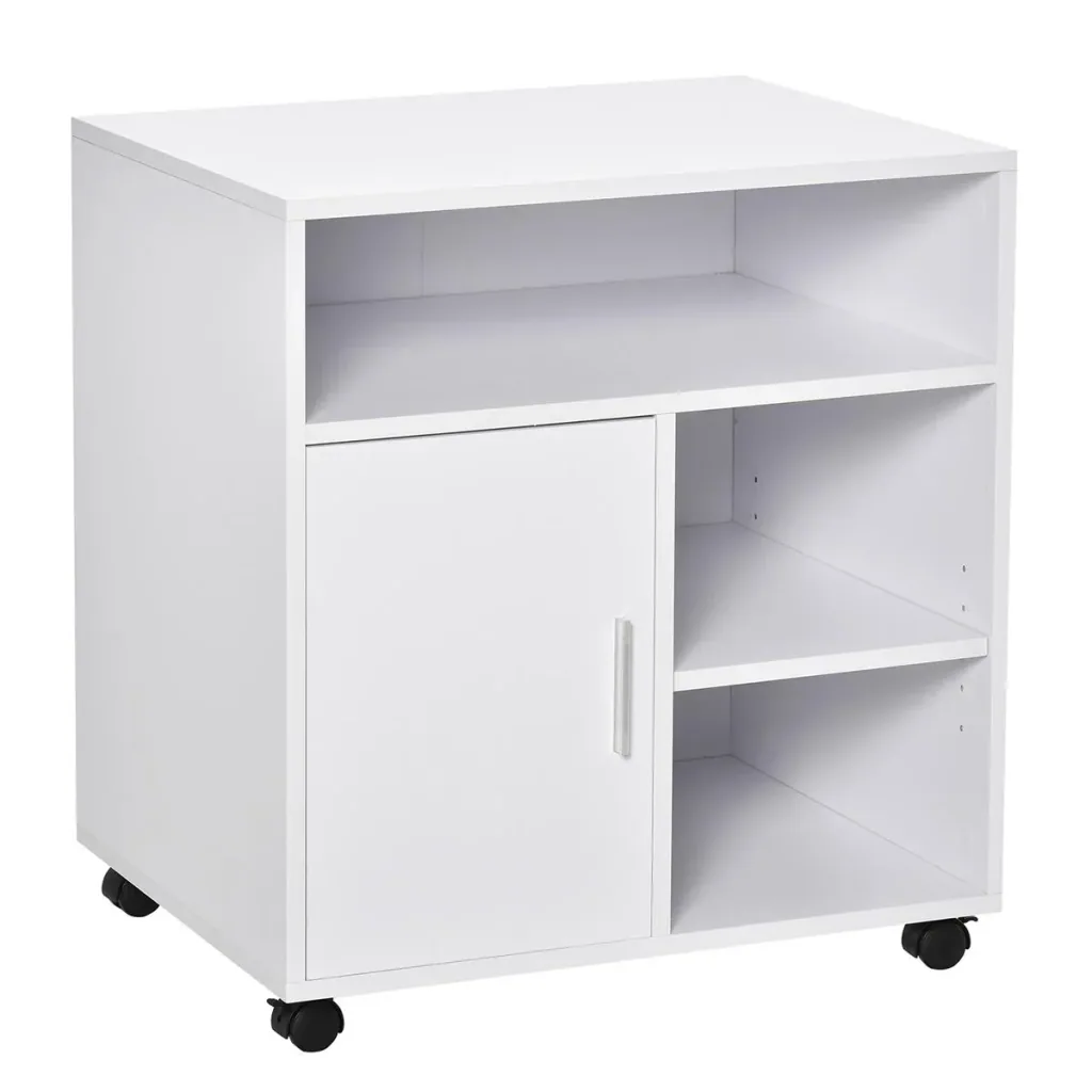 Druckerständer Druckertisch Bürowagen Rollwagen mit Schrank+Regale Spanlatte Weiß 60 x 50 x 65,5 cm