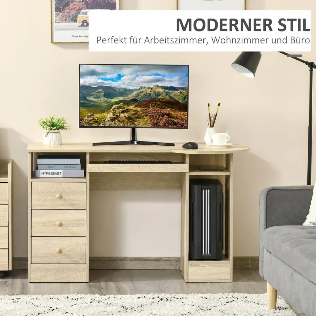 Computertisch Schreibtisch Bürotisch Home Office Arbeitstisch mit Ablagen Schubladen Natur 125 x 60 x 74 cm