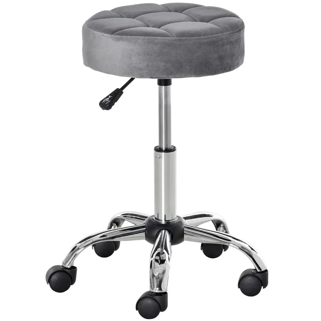 Salonstuhl mit Rädern Rollhocker höhenverstellbar drehbar Salon Hocker Samt-Touch Schaumstoff Chrom-Basis Grau 35 x 35 x