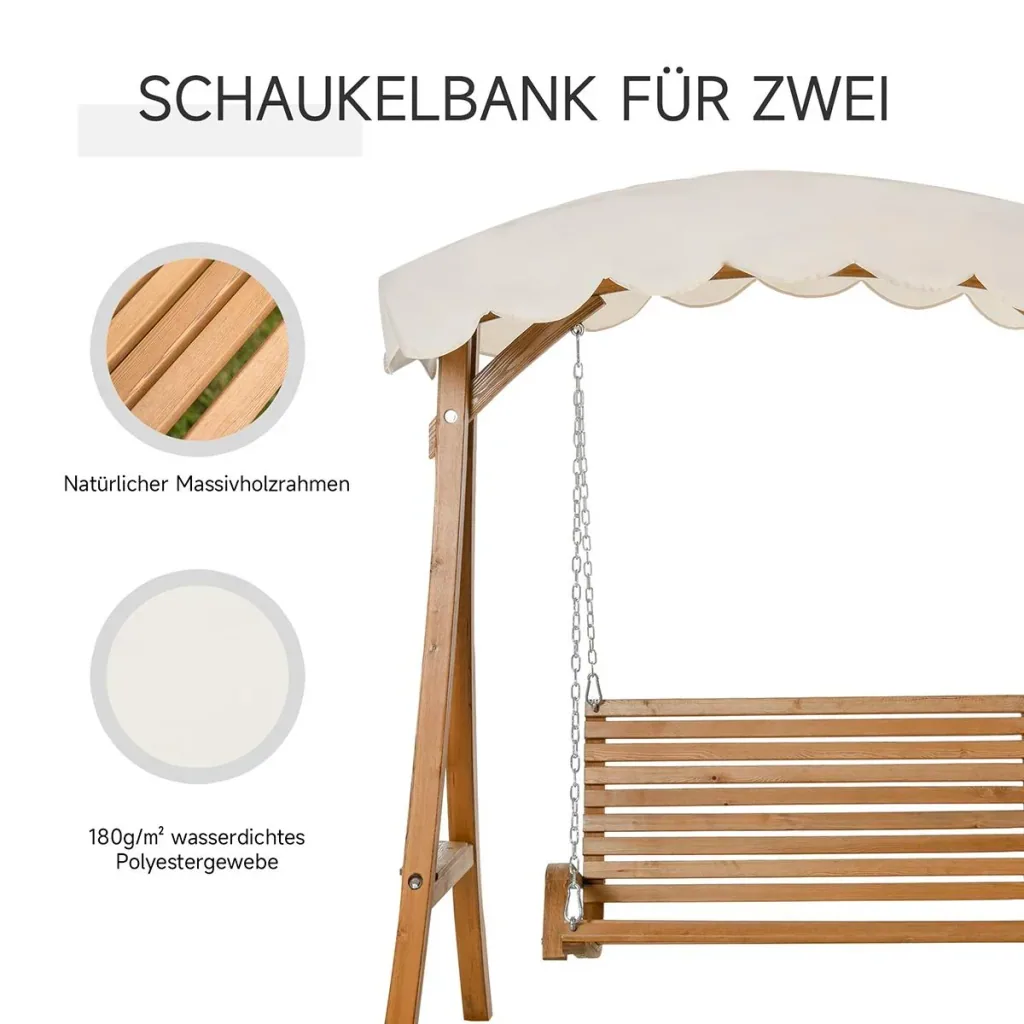 Hollywoodschaukel, 2-Sitzer Gartenschaukel, Schaukelbank mit Sonnendach, Kiefernholz, Cremeweiß, 170 x 135 x 170 cm