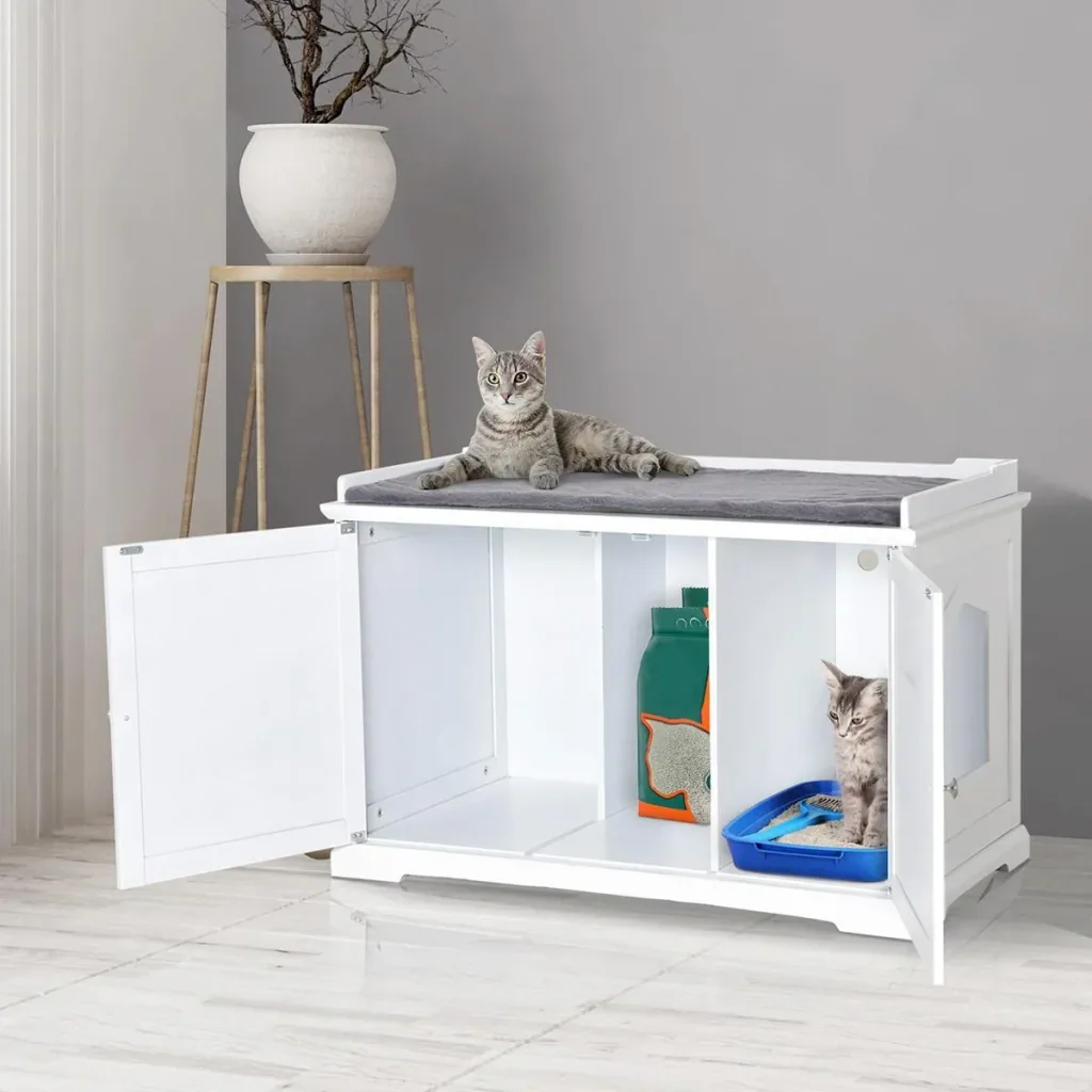 2in1 Katzentoilette mit Schublade und Deckel Weiß+Grau