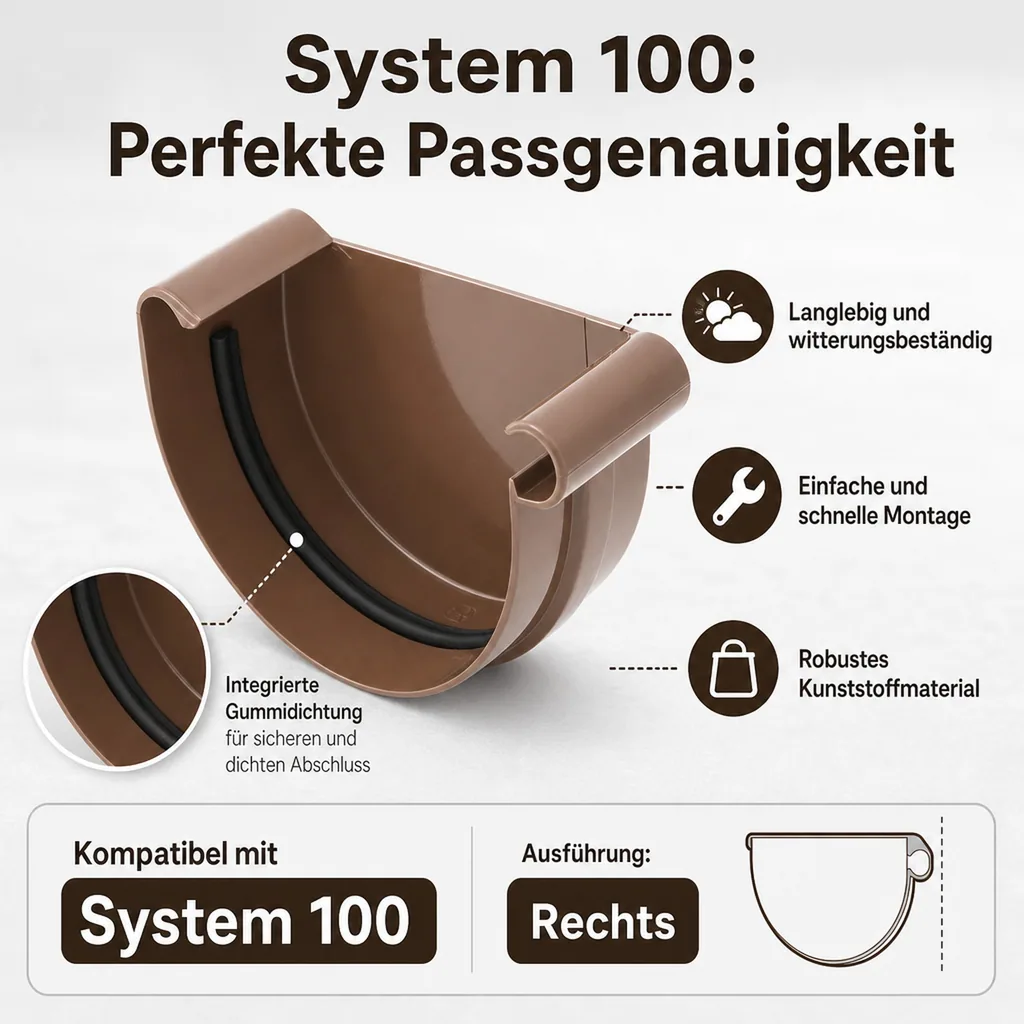Dachrinne braun, Rinnenkappe rechts, Rinnensystem 100
