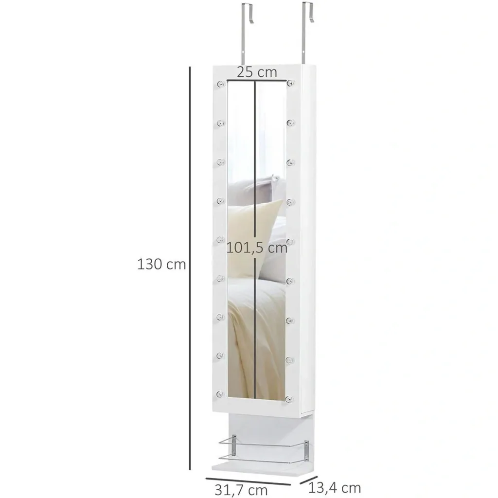 Hängender Schmuckschrank mit LED Spiegelschrank mit Schublade Regal Wandspiegel Türspiegel höhenverstellbar Weiß 130 cm