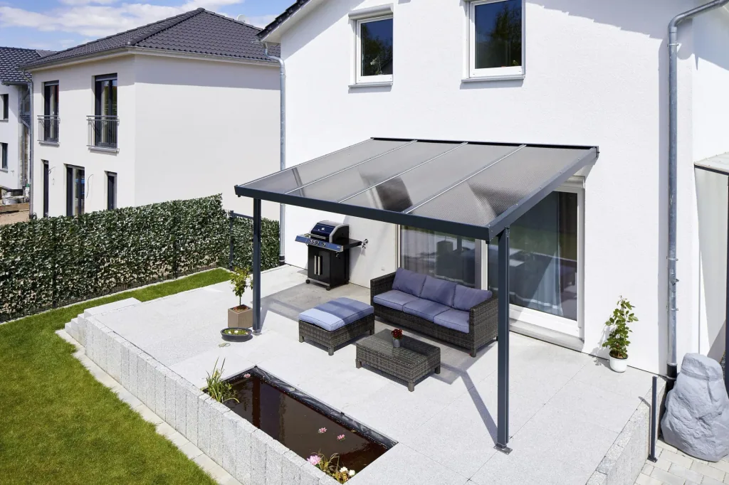 Terrassendach Premium, anthrazit, 4102 x 4060 mm - Polycarbonat Stegplatten 16 mm, bronze