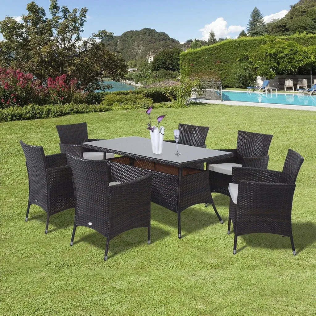7 tlg. Polyrattan Gartenmöbel Rattan Gartenset Sitzgruppe Garnitur Essgruppe inkl. Kissen 6 Personen Braun+Creamweiß 150