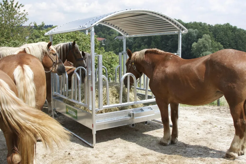 Viereckraufe mit Palisadenfressgitter, für Rinder und Pferde