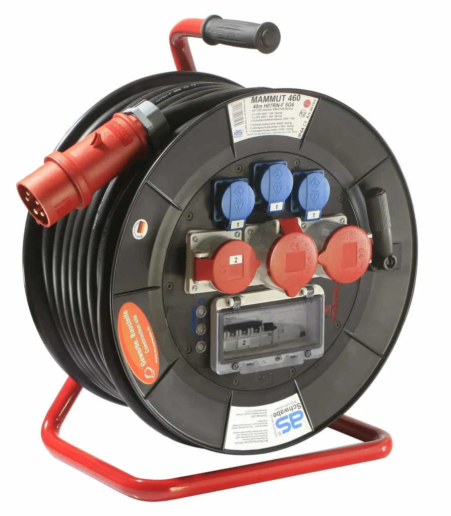 Profi-Trommel Mammut 460 Version 4, 40m, 3 Steckdosen 230V, 2+1-CEE Steckdosen, mit Trage- und Fußgestell