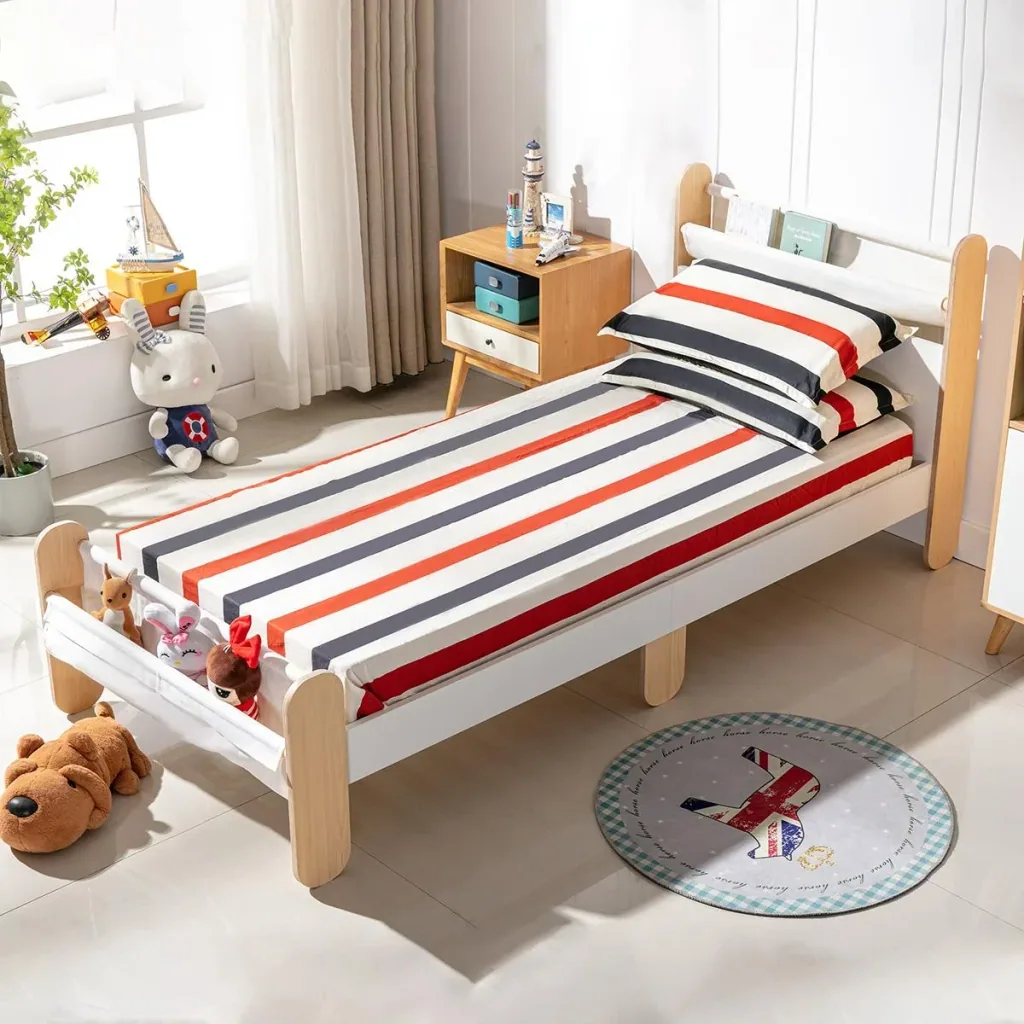 Kinderbett mit Betttasche Spielzeugtasche für 3+ Jahre Holzbett für Mädchen und Junge Kinderzimmer Holz Weiß+Natur 229 x