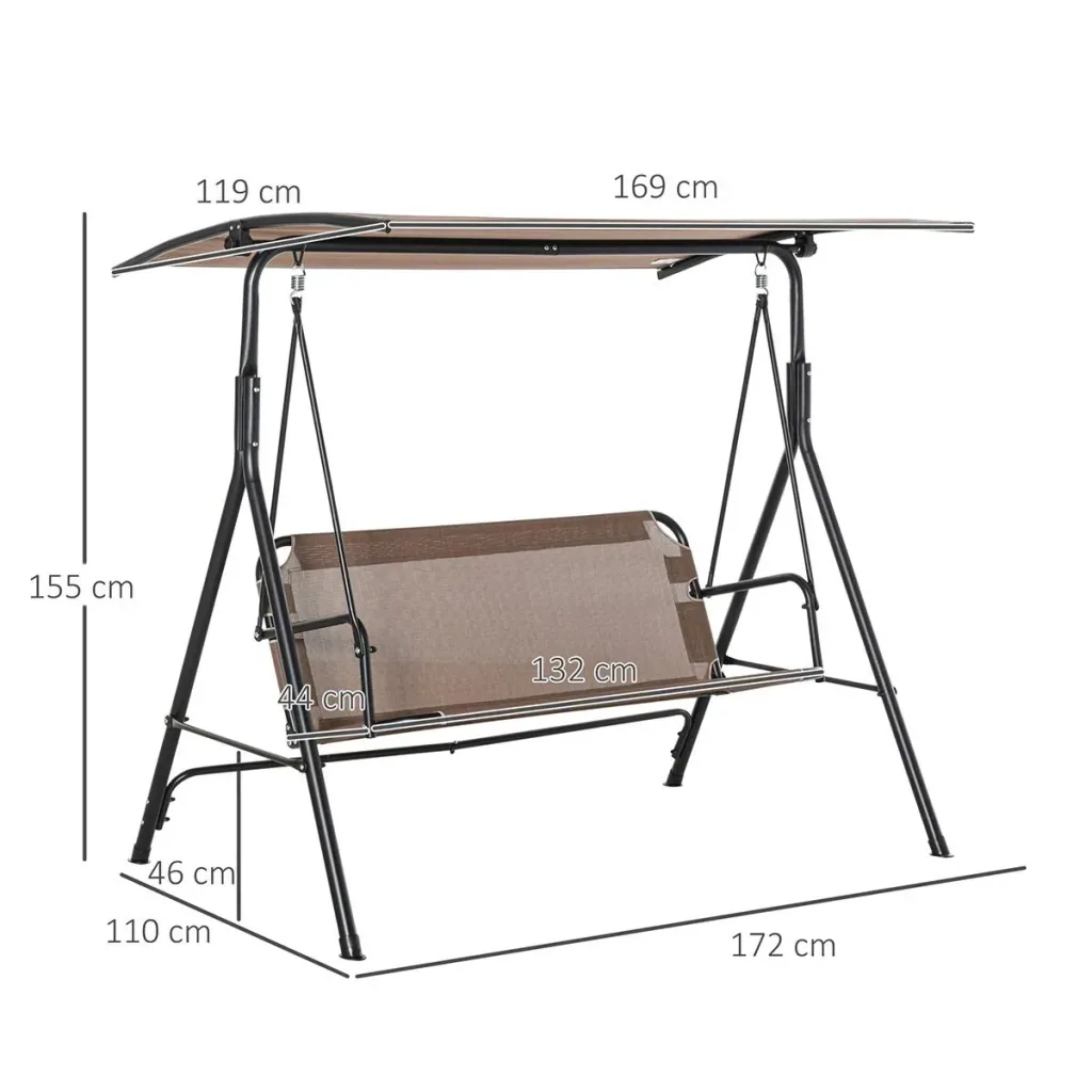 2-Sitzer Hollywoodschaukel Schaukelstuhl Outdoor Gartenliege UV-beständig Hochwertiges Metallrohr winkeleinstellbar Brau