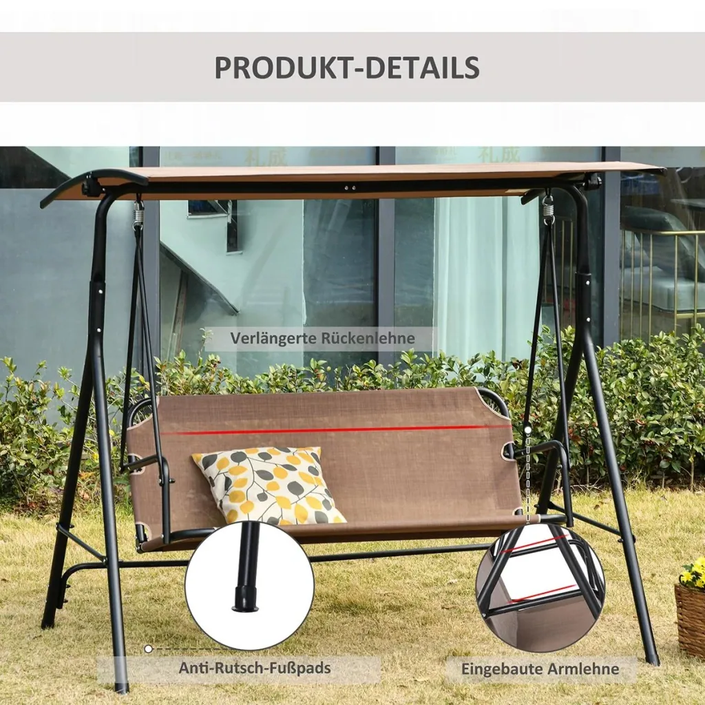 2-Sitzer Hollywoodschaukel Schaukelstuhl Outdoor Gartenliege UV-beständig Hochwertiges Metallrohr winkeleinstellbar Brau