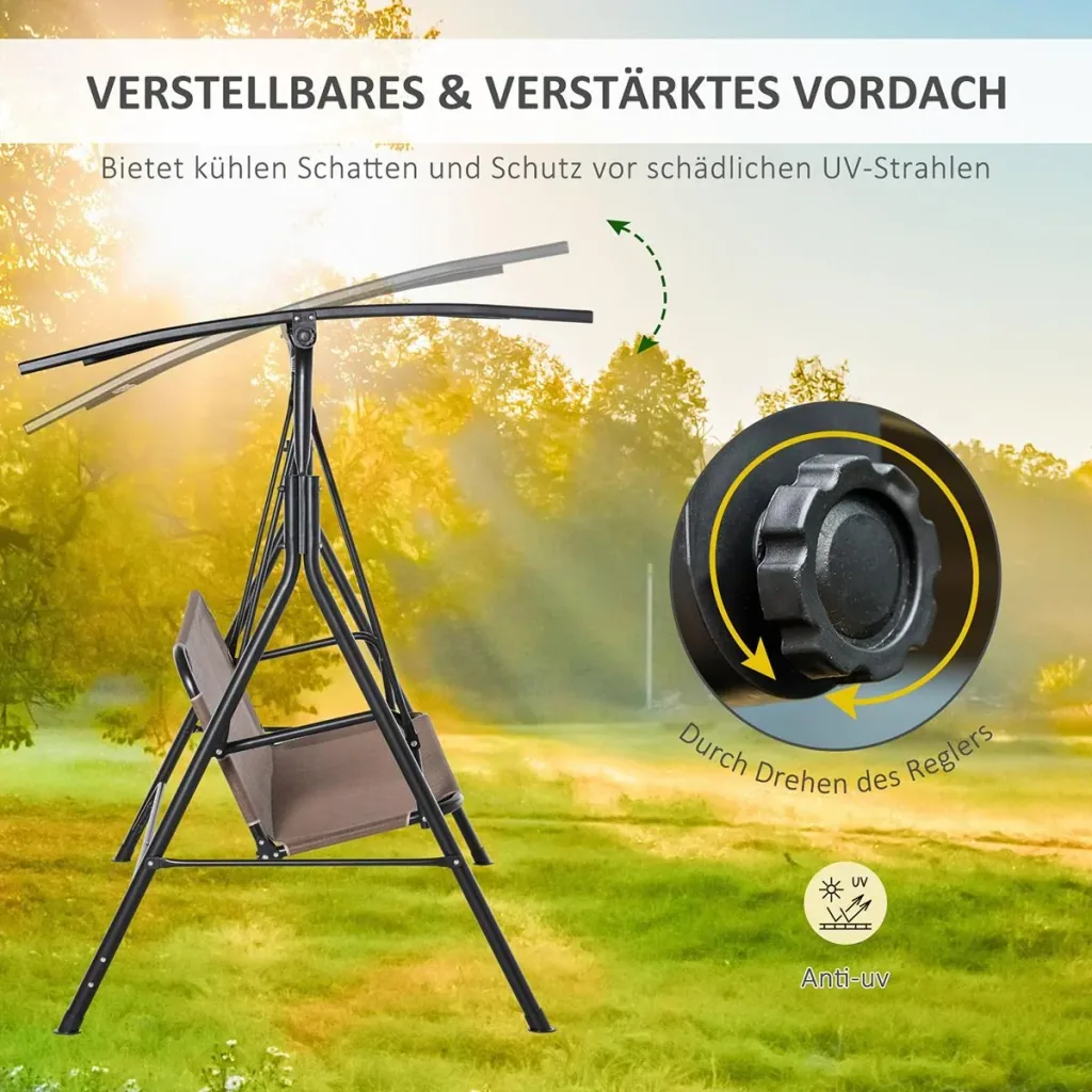 2-Sitzer Hollywoodschaukel Schaukelstuhl Outdoor Gartenliege UV-beständig Hochwertiges Metallrohr winkeleinstellbar Brau