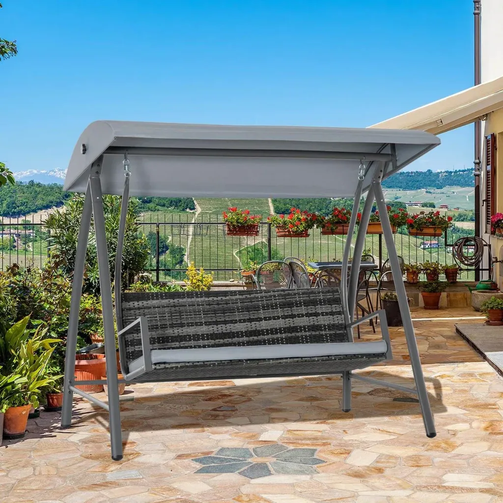 Hollywood Schaukelsofa mit Sonnendach für 3 Personen, Grau, Rattan, 198 x 124 x 179 cm