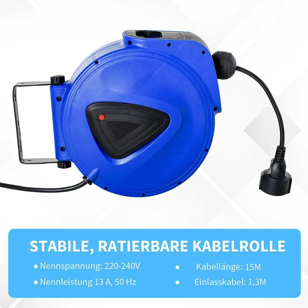 Kabeltrommel 15 m+1.3 m Leitung Automatik Kabelaufroller Outdoor Aufroll stromkabel drehbar Wandhalterung, PP, Gummi, Me