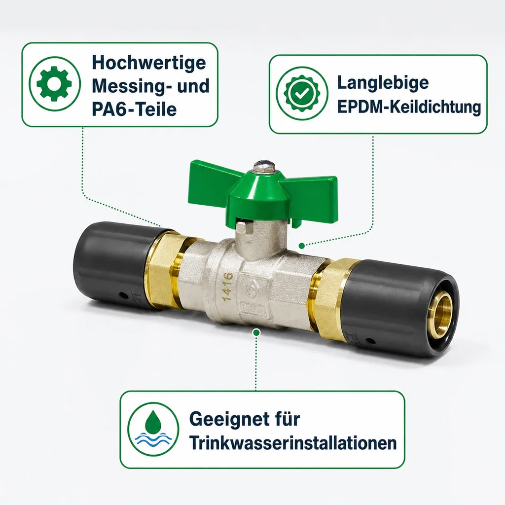 Kugelhahn für Trinkwasser, Steckfitting, 16 x 2 auf 16 x 2, grün, DVGW-zertifiziert