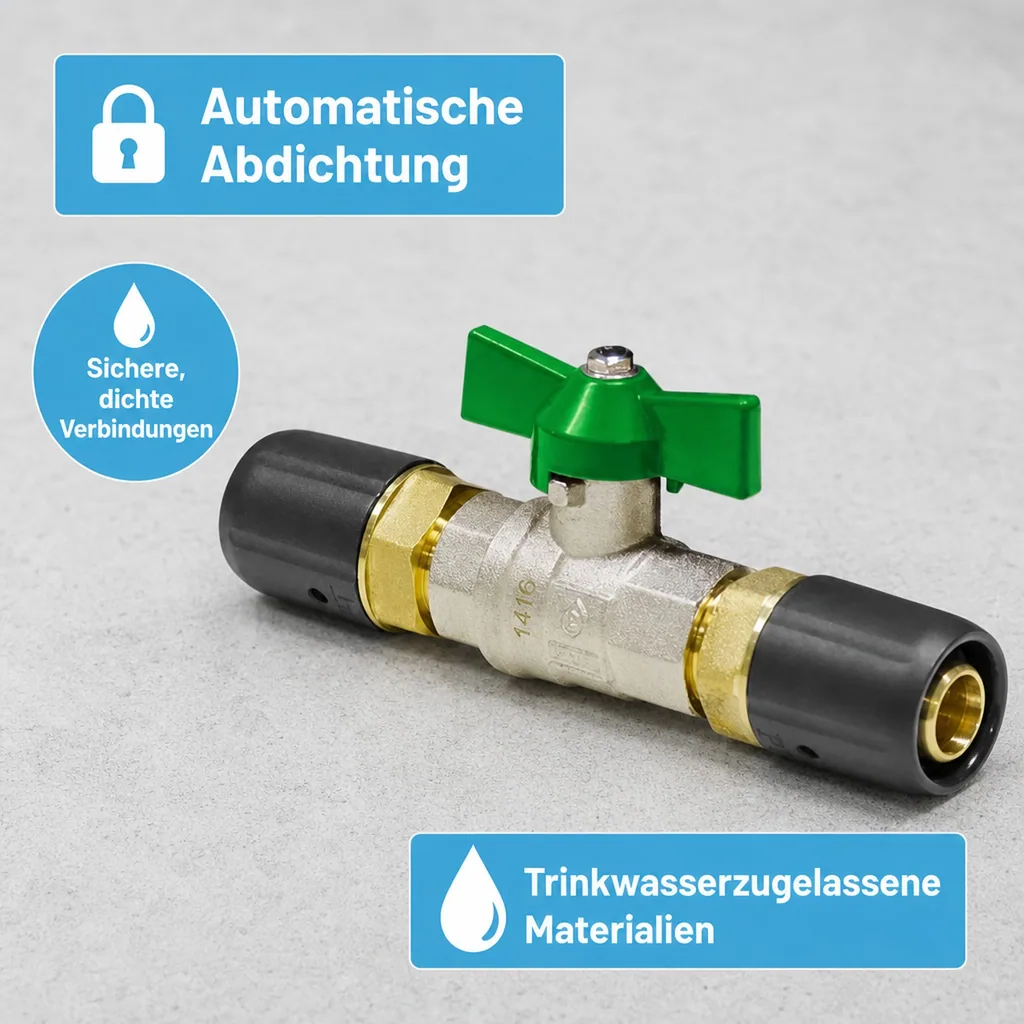 Kugelhahn für Trinkwasser, Steckfitting, 16 x 2 auf 16 x 2, grün, DVGW-zertifiziert
