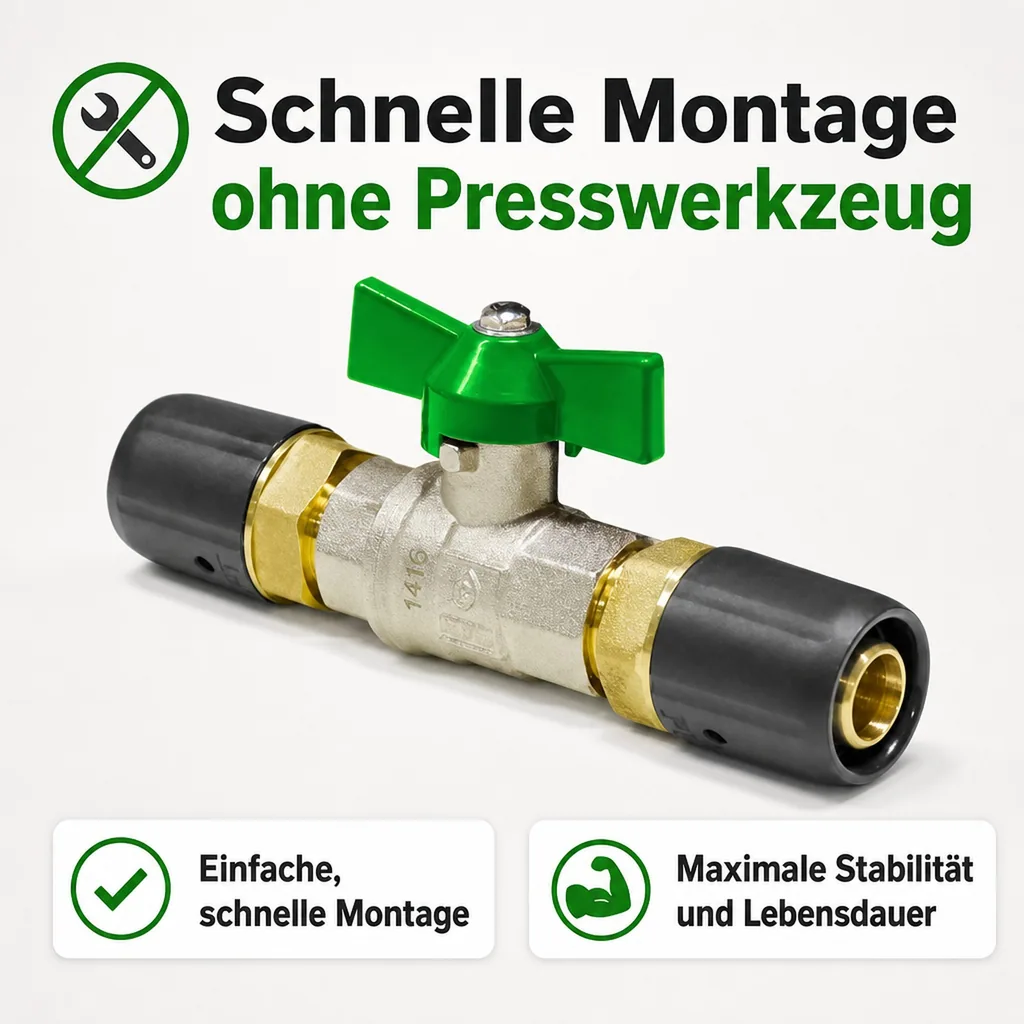 Kugelhahn für Trinkwasser, Steckfitting, 16 x 2 auf 16 x 2, grün, DVGW-zertifiziert