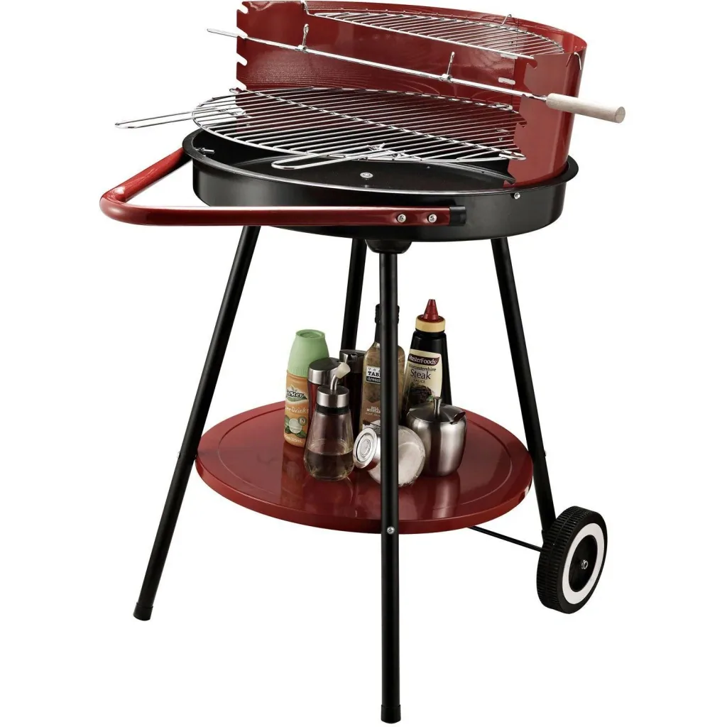 Holzkohlegrill Rundgrill auf Rollen mit Ablage Metall Rot