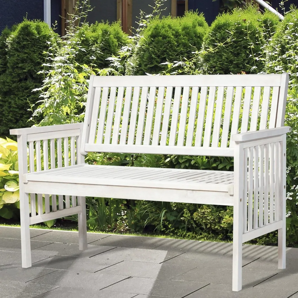2-Sitzer Sitzbank Gartenbank Holzbank Bank mit Armlehne Landhausstil Akazienholz Weiß 117 x 63 x 90 cm