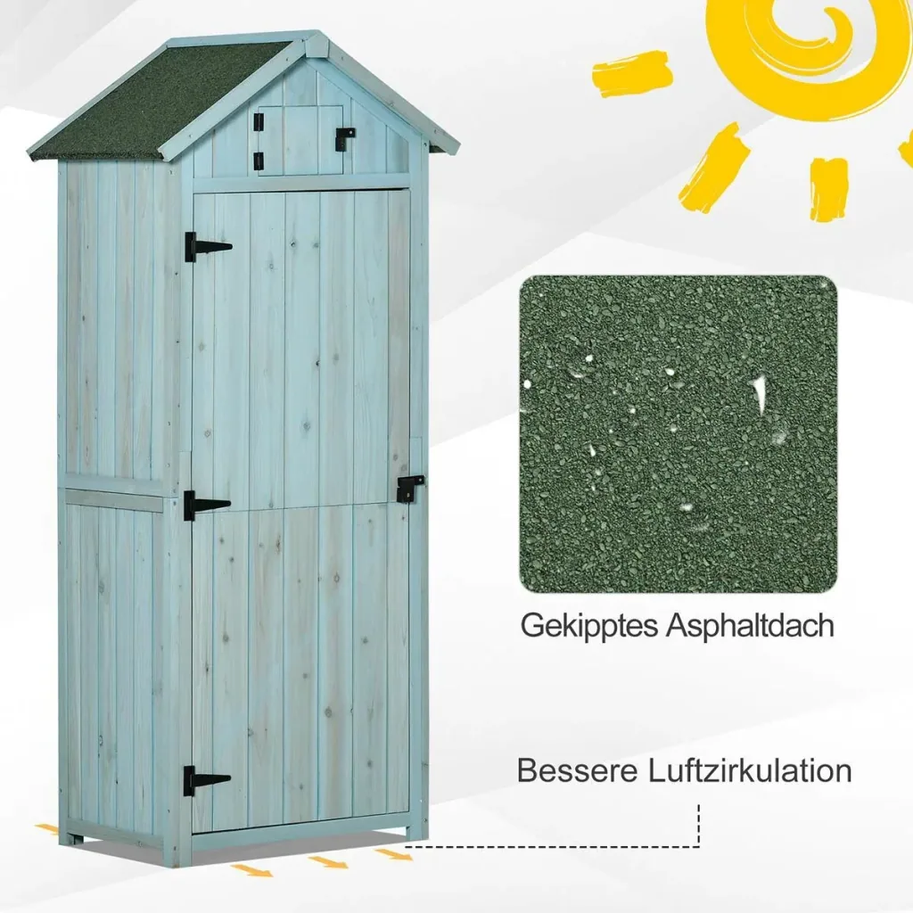 Gartenschrank Gartenhaus Gerätehaus Geräteschuppen mit Fachböden Asphaltdach Fenster Holz Hellblau+Grün 77 x 54,2 x 179