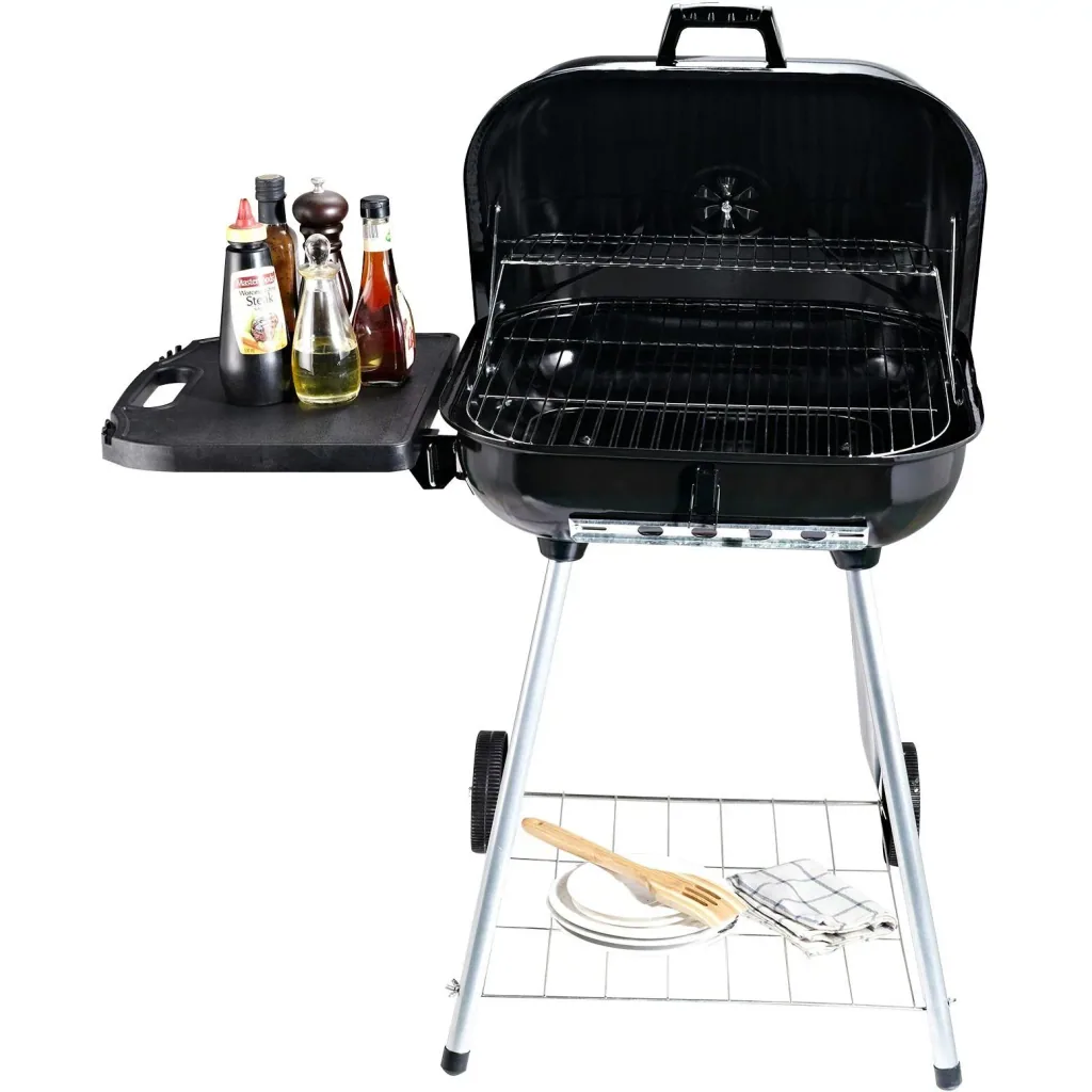 Kohlegrill Grillwagen Standgrill mit Windschutz 2 x Ablagefach Metall Schwarz 96 x 61 x 83 cm
