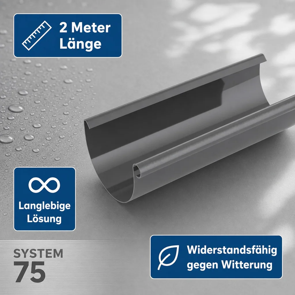 Regenrinne 2m graphit, Dachrinne System 75, Kunststoff Dachrinne