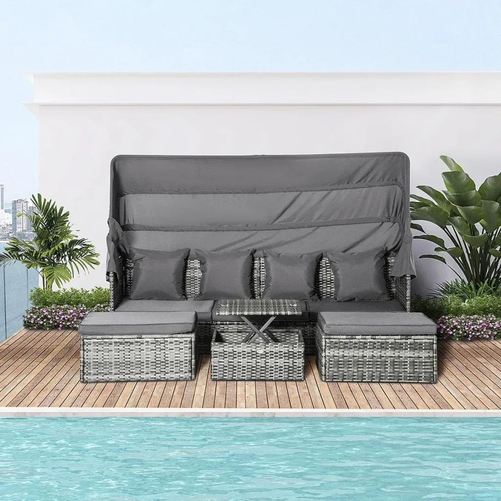 Poly Rattan Lounge Set Loungegruppe mit Sonnendach Faltdach Sitzgruppe Sonneninsel inkl. Kissen und Beistelltisch Garte