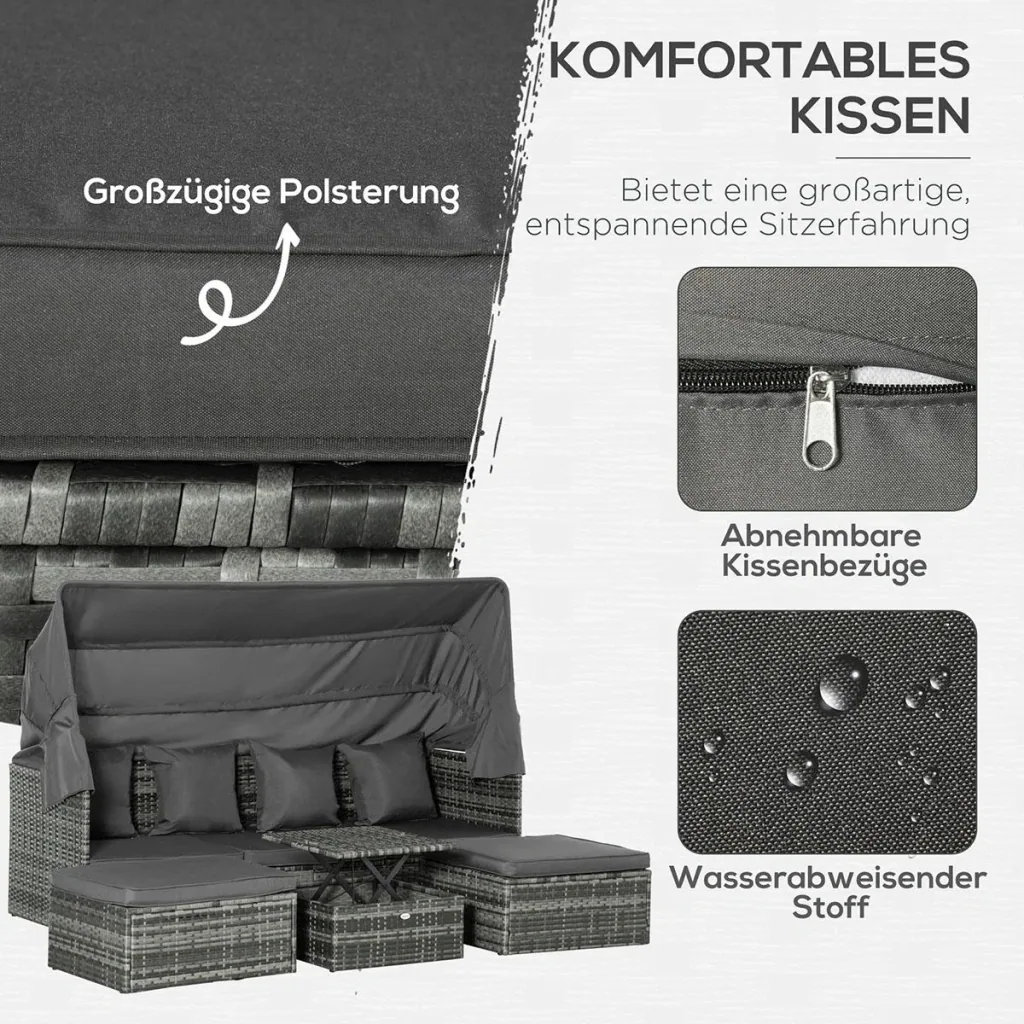 Poly Rattan Lounge Set Loungegruppe mit Sonnendach Faltdach Sitzgruppe Sonneninsel inkl. Kissen und Beistelltisch Garte