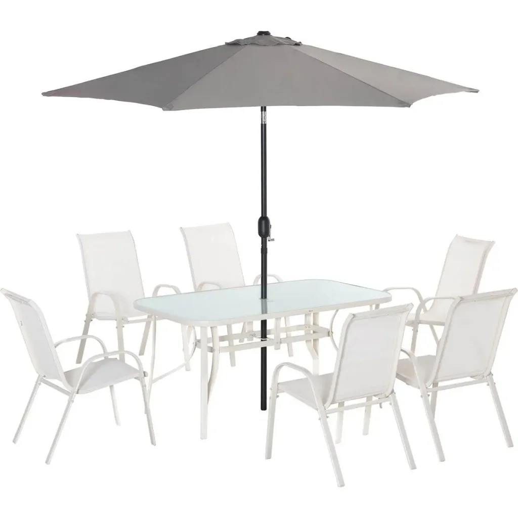 8-teiliges Gartenmöbel-Set mit Sonnenschirm, creme+hellgrau