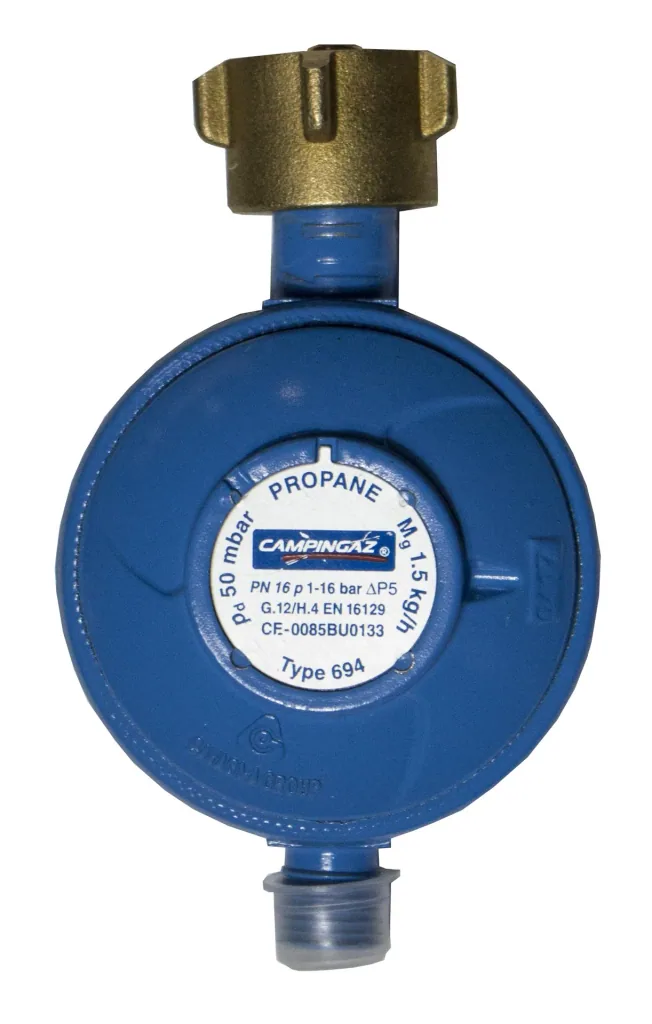 Regler 50 mbar - 1 Abgang, Durchfluss 1,5 kg/h, für Butan/Propan, 1/4'' Linksgewinde