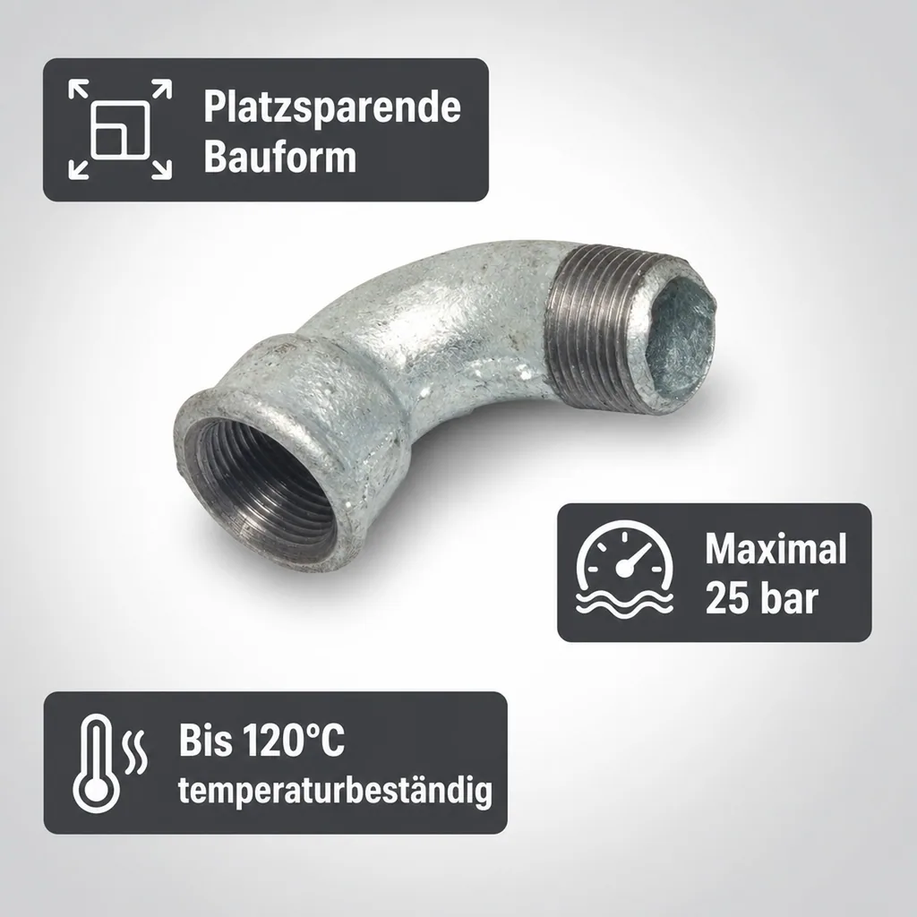 Gewindefitting Temperguss Bogen 90°, kurz 1 1/2" IG x 1 1/2" AG