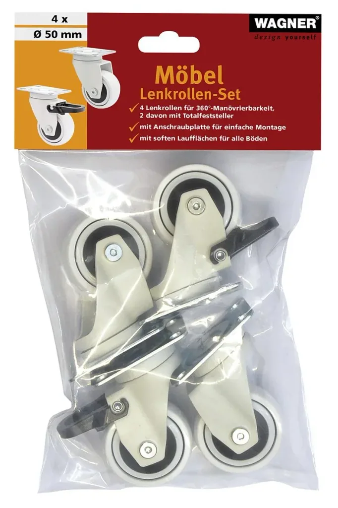 Design 3C Lenkrollen 4 teiliges Set - Ø 50 mm, soft, weiß, 2 Rollen mit & 2 ohne Feststeller, Tragkraft 50 kg / Rolle