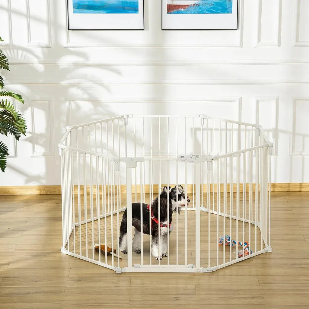 Welpenauslauf Freigehege für Hund Schutzgitter mit Tür Kaminschutzgitter flexible klappbar 8 Paneele je 60 x 76 cm Weiß