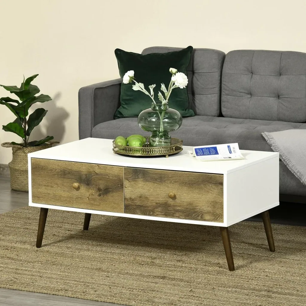 Couchtisch Wohnzimmertisch mit Schublade Beistelltisch Kaffeetisch Teetisch Nachttisch Spanplatte Buchenholz Weiß+Braun