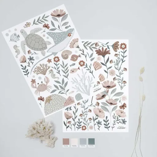 Lilipinso Wandsticker A3 Blüten im Meer graublau rosa