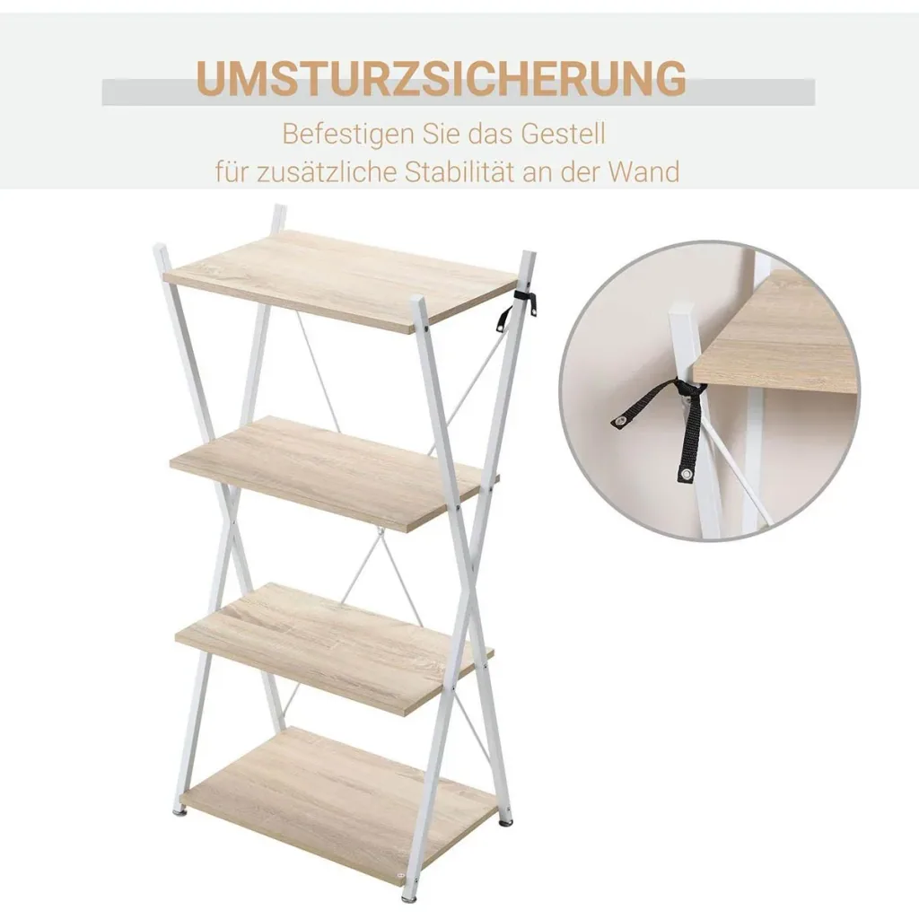 Bücherregal X-Form Standregal mit 4 Ebenen Aufbewahrungsregal für Wohnzimmer Schlafzimmer Küche Büro Spanplatte Metall N