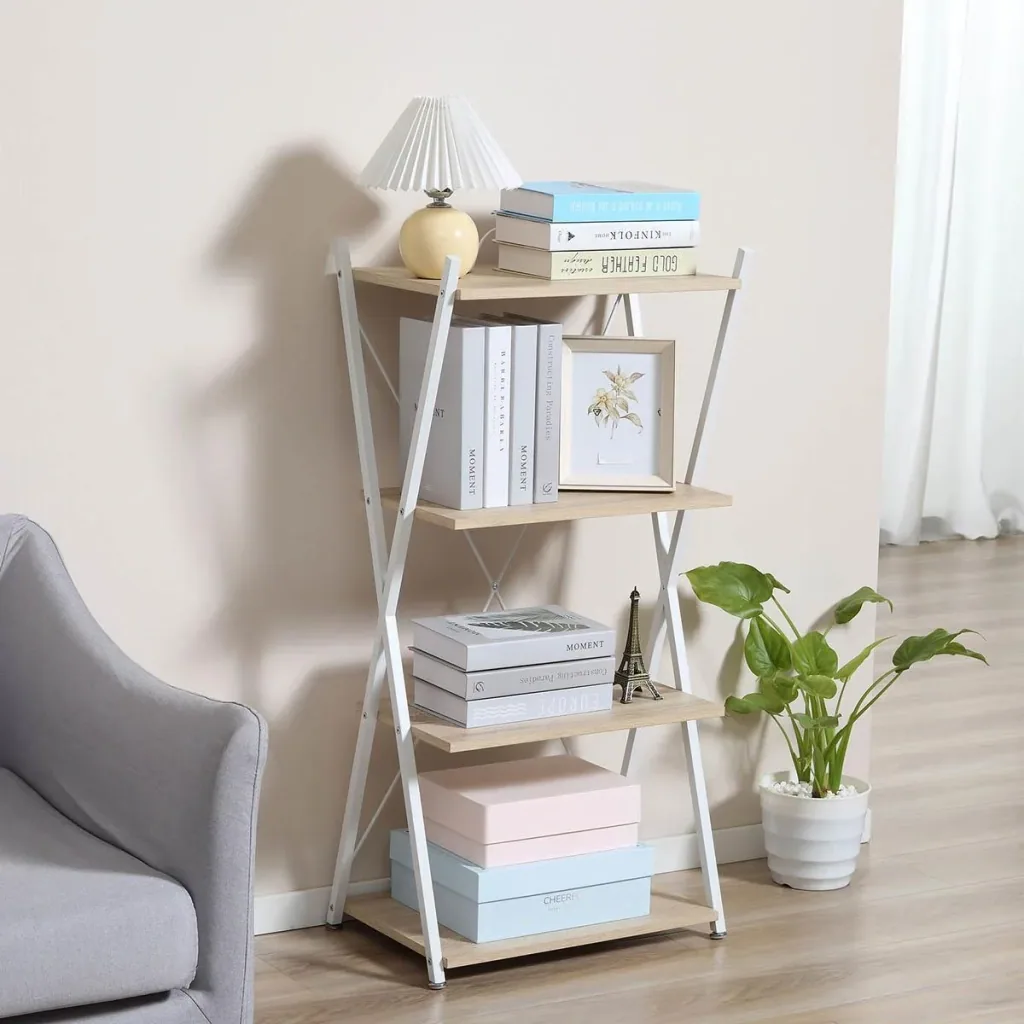 Bücherregal X-Form Standregal mit 4 Ebenen Aufbewahrungsregal für Wohnzimmer Schlafzimmer Küche Büro Spanplatte Metall N