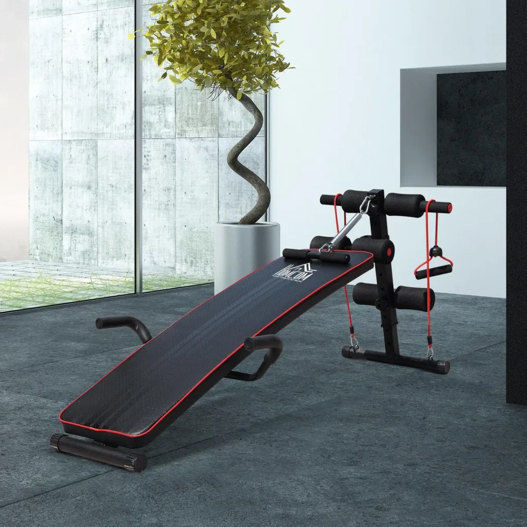 Sit Up Bank Bauchtrainer Trainingsbank Widerstandsbänder Stahl + PVC Schwarz + Rot 56,5 x 135 x (50 68) cm
