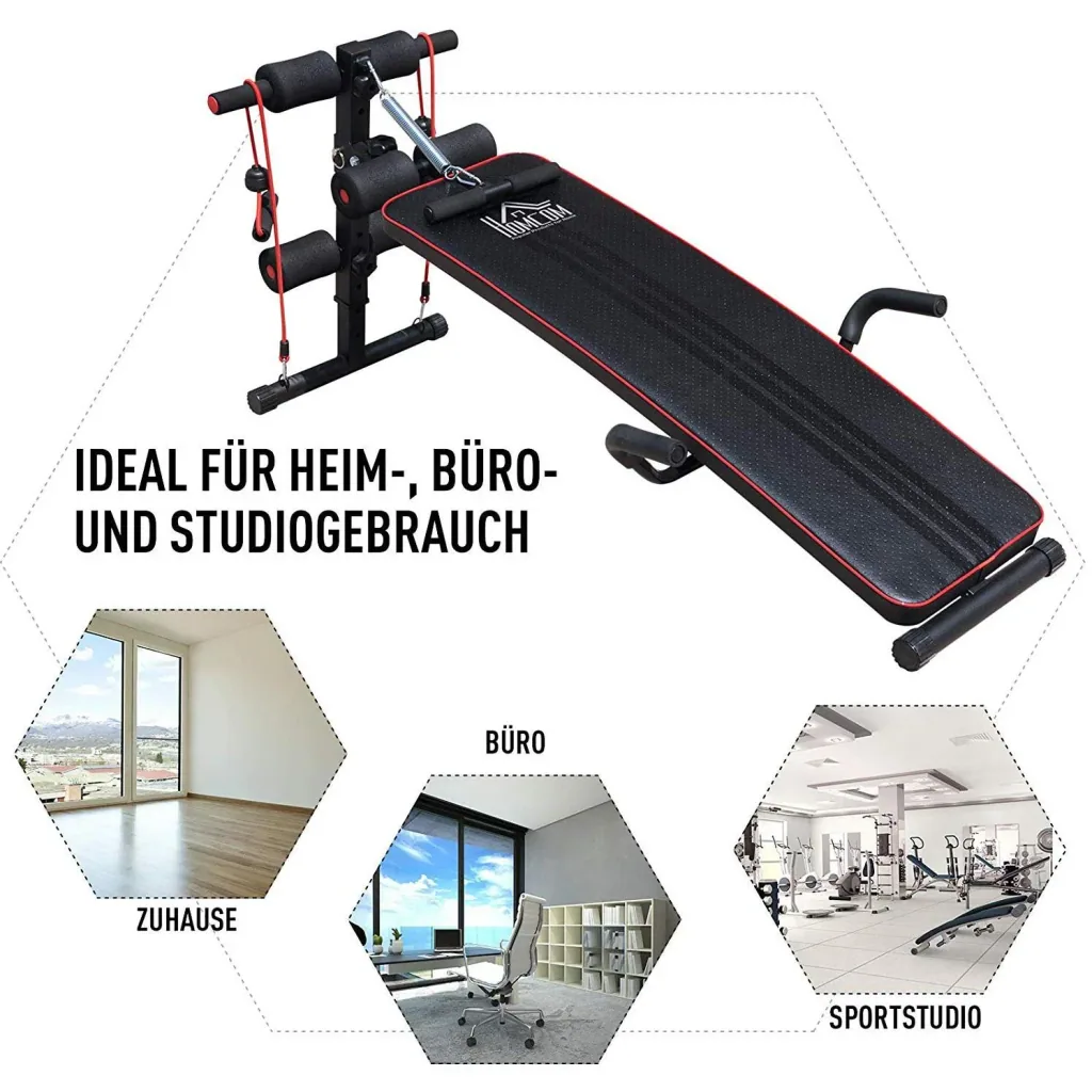 Sit Up Bank Bauchtrainer Trainingsbank Widerstandsbänder Stahl + PVC Schwarz + Rot 56,5 x 135 x (50 68) cm