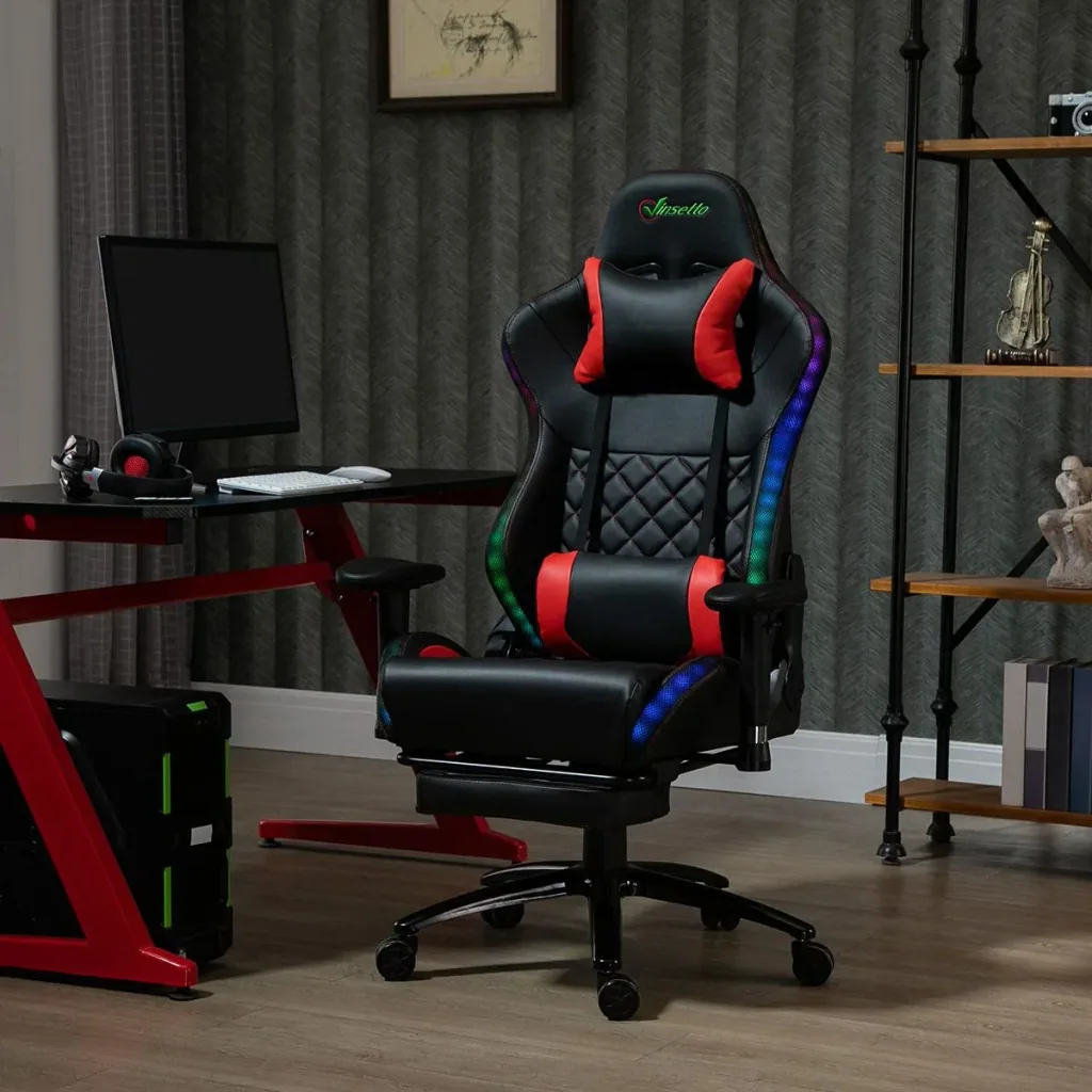 Gamingstuhl mit RGB LED-Leuchten Wippenfunktion Bürostuhl Schreibtischstuhl Fußstütze ergonomisches Design modern höhen