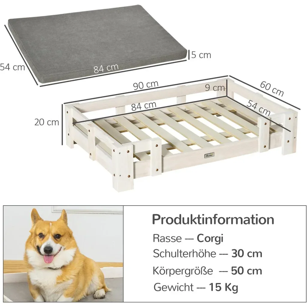 Hundehochbett mit Kissen, Kiefer, Weiß+Grau, 90 x 60 x 20 cm