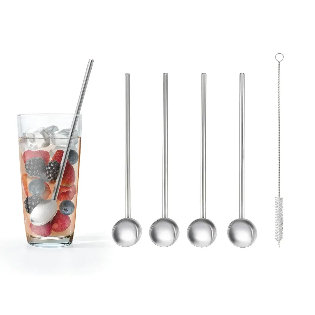 2 in1 Trinkhalme und Cocktaillöffel Inox, geknickt, Edelstahl, mit Reinigungsbürste, 5-teilig