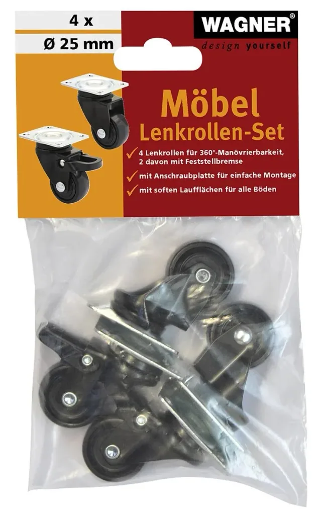 Design 3C Lenkrollen 4 teiliges Set - Ø 25 mm, soft, schwarz, 2 Rollen mit & 2 ohne Feststeller, Tragkraft 12 kg / Rolle