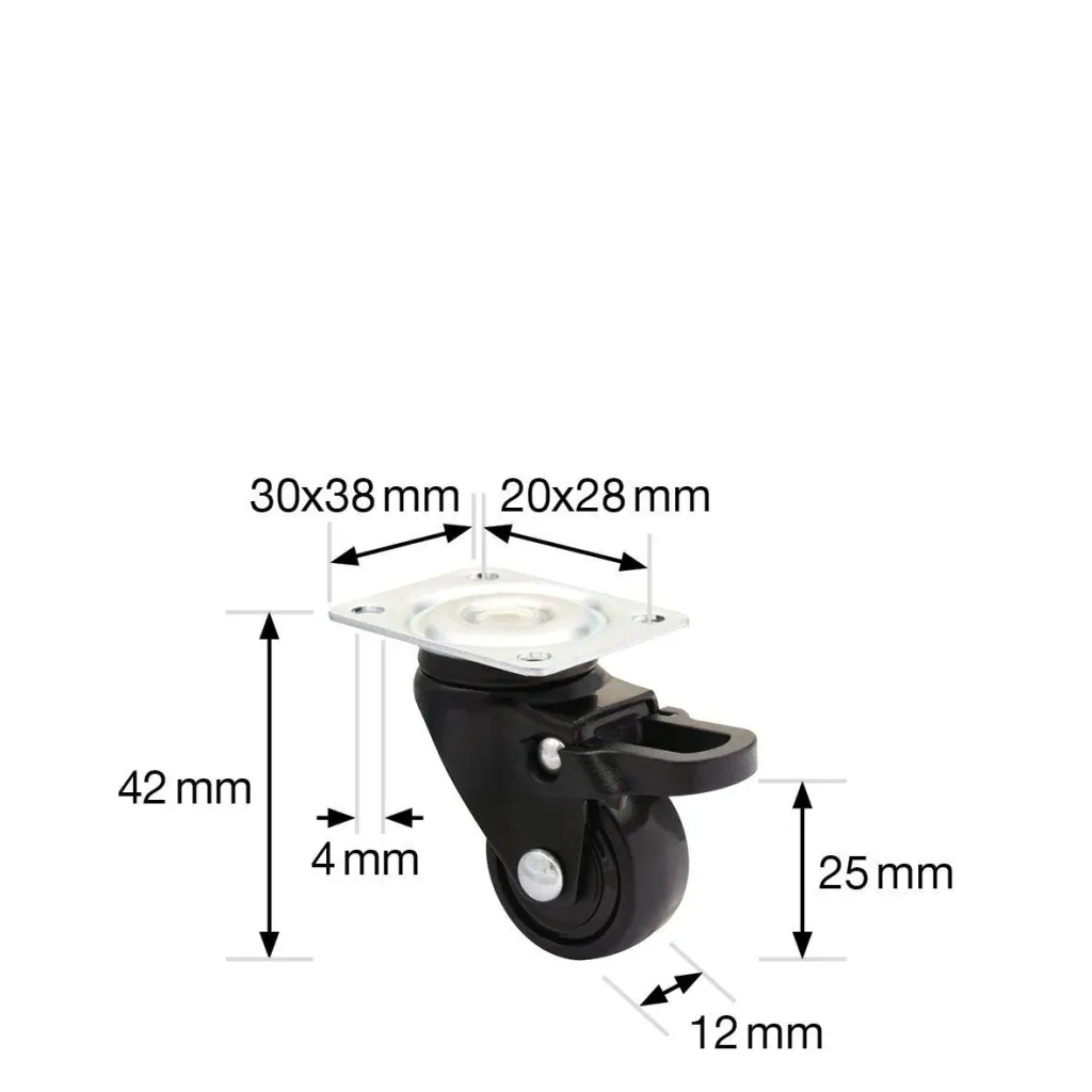Design 3C Lenkrollen 4 teiliges Set - Ø 25 mm, soft, schwarz, 2 Rollen mit & 2 ohne Feststeller, Tragkraft 12 kg / Rolle