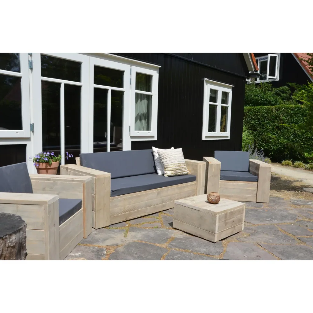 Lounge-Set robustes Gerüstholz komplett# Sofa, Stühle, Tisch und Outdoor-Kissen