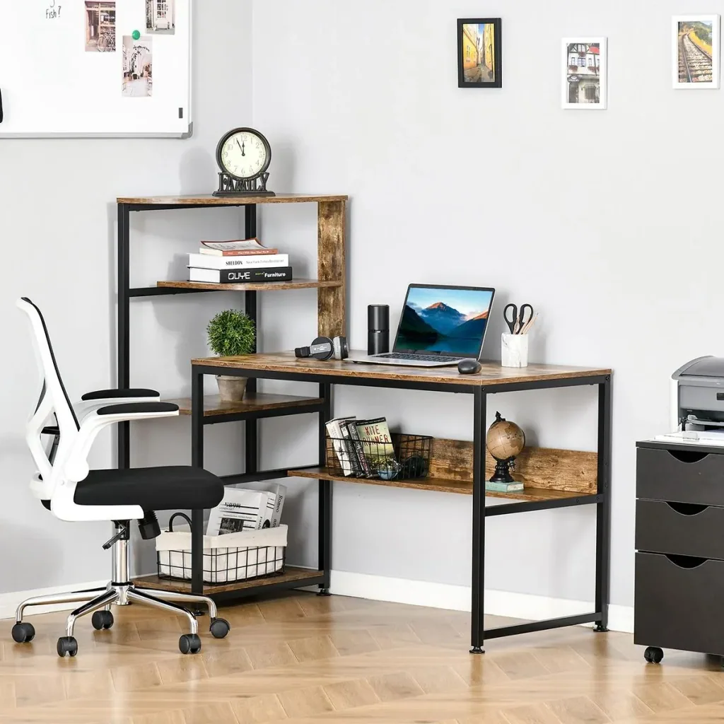 Schreibtisch Bücherregal Computertisch Bürotisch mit 4 Ablagen einstellbar E1 Spanplatte Metallrahmen Schwarz+Rustikales