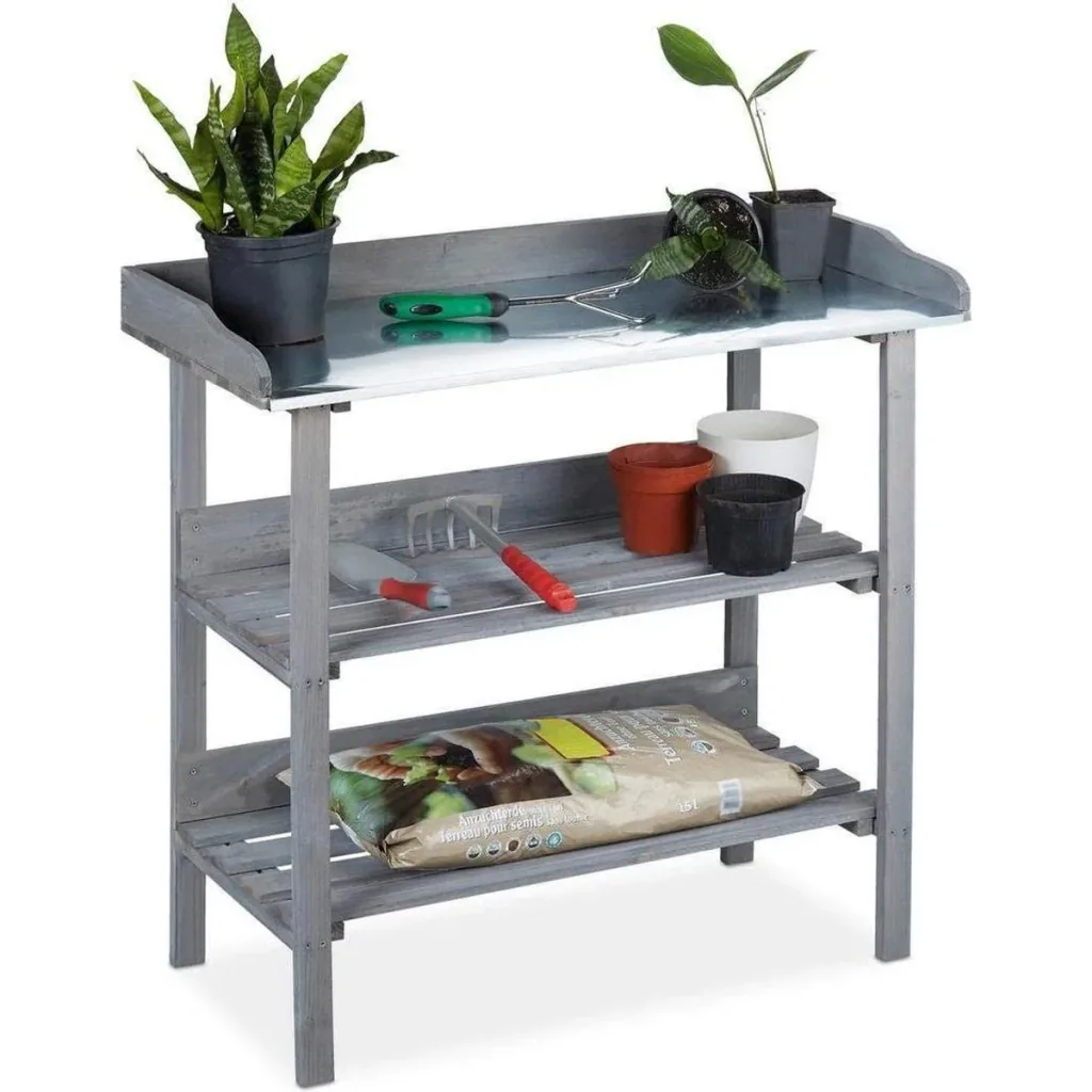 Garten Pflanzgefäß mit Zinkplatte und Holzablage - Gartentisch - Anthrazit - 78 x 38 x 86 cm