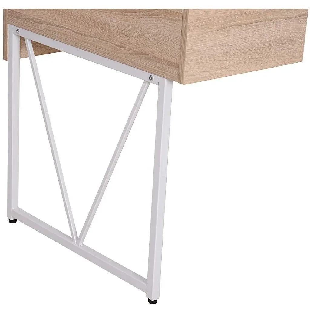 Schreibtisch Computertisch PC Laptop Bürotisch 3xSchublade 1xAblage Holz+Metall Natur+Weiß 130x60x76cm