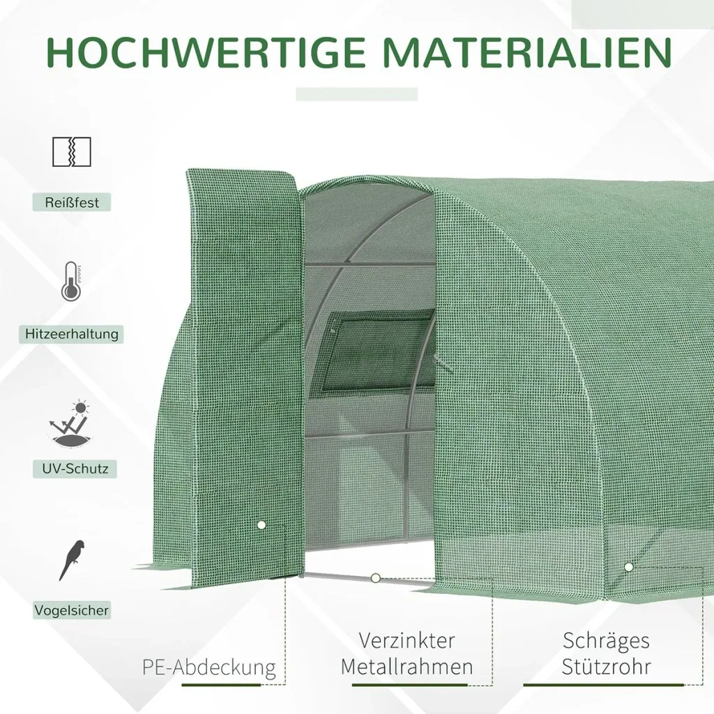 Foliengewächshaus 4 x 3 x 2 m Tunnel Gewächshaus Treibhaus Pflanzenhaus Folienzelt 2 Fenster Gitterfolie Grün