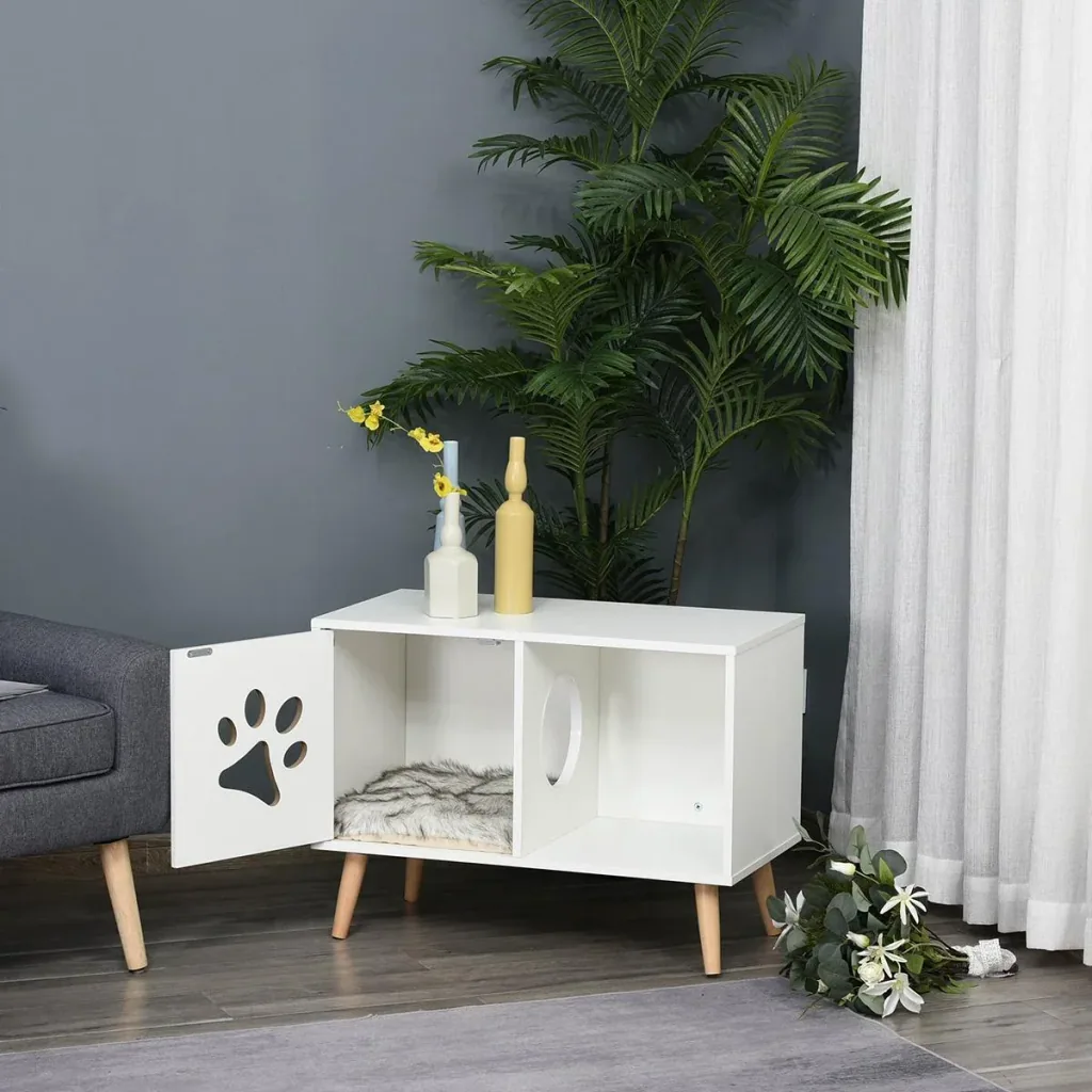2-in-1 Katzenhaus Katzentoilette Katzenhöhle Katzenwohnung mit magnetischer Türen Kissen Spanplatte Kiefernholz Nylon