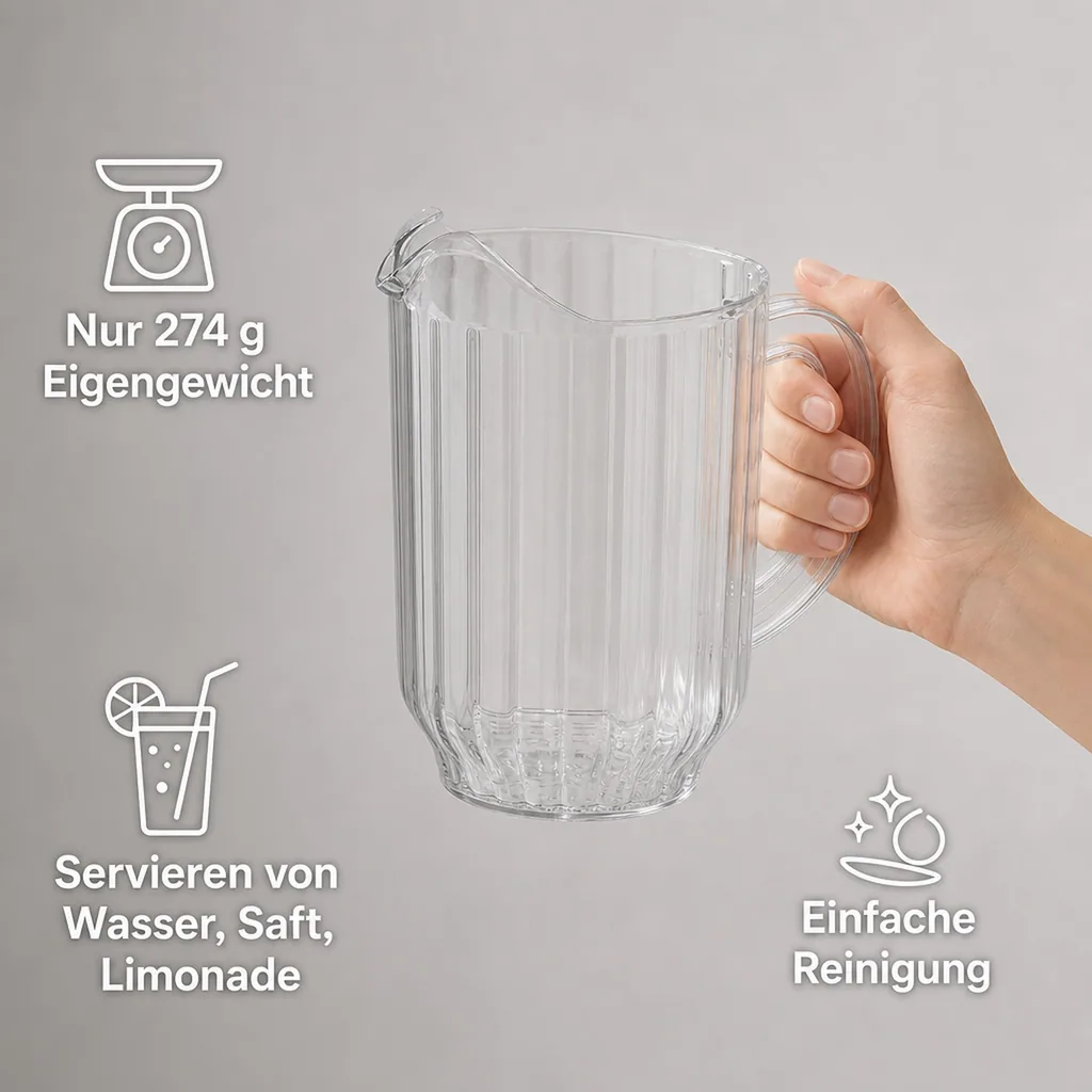 Wasserkrug, Glaskrug mit Eislippe aus Polycarbonat, 1,8L - Robuster und praktischer Getränkekrug für Zuhause und unterwegs